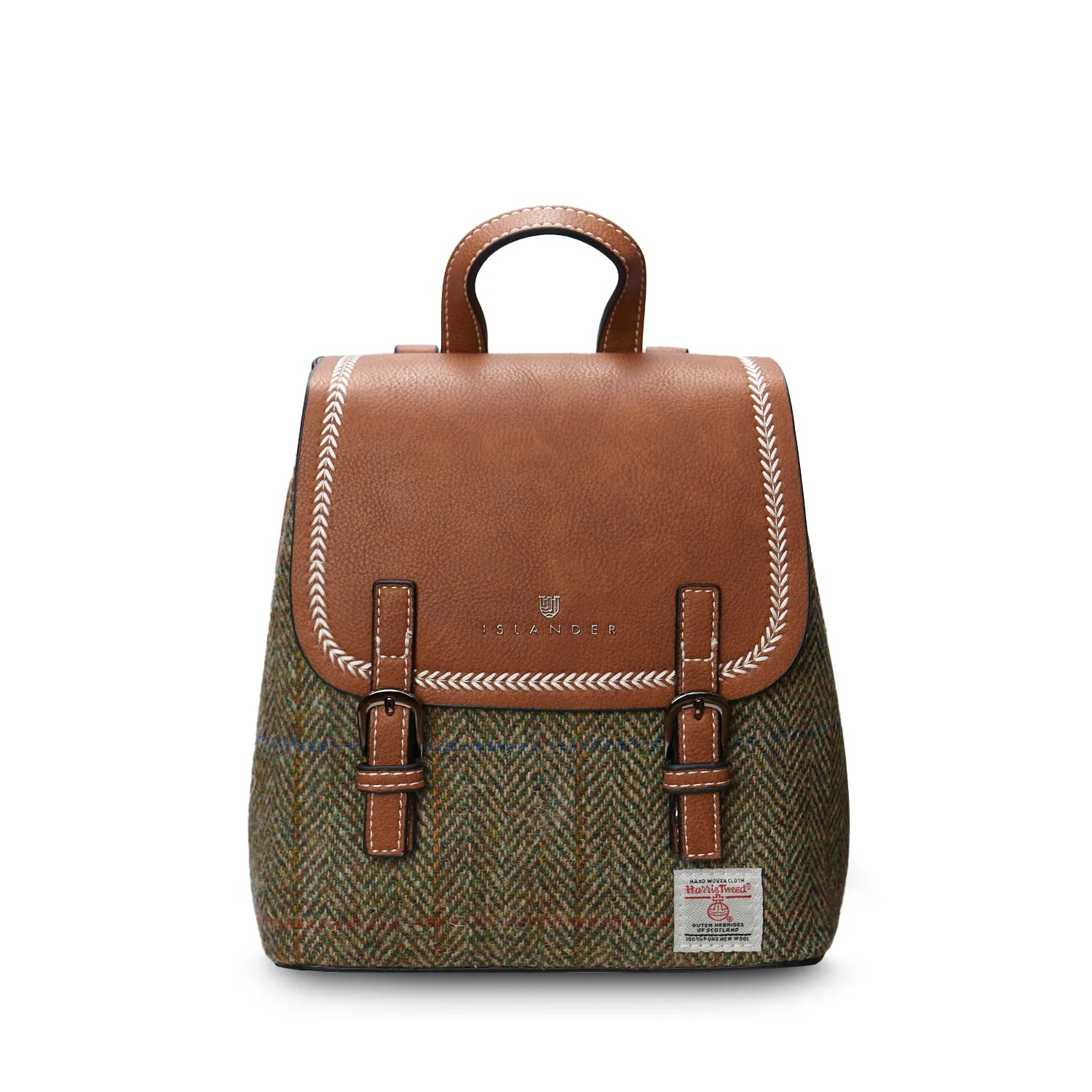 Islander Mini Jura Backpack with Harris Tweed Brown Green Chestnut Herringbone Fabric | Harris Tweed Scotland