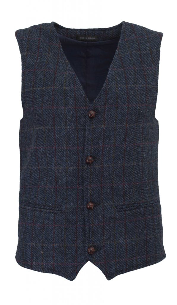 Men's Waistcoat in Royal Blue Harris Tweed Herringbone Overcheck Country Fabric