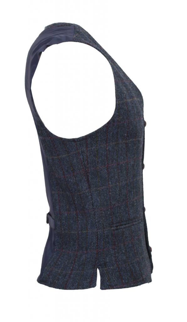 Men's Waistcoat in Royal Blue Harris Tweed Herringbone Overcheck Country Fabric