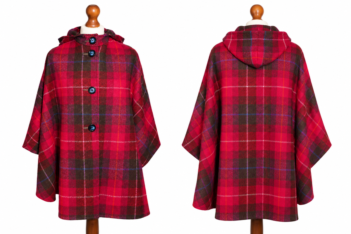 Harris Tweed Ladies Hooded Poncho Cape (Cerise Brown, Purple & Burgundy Check)
