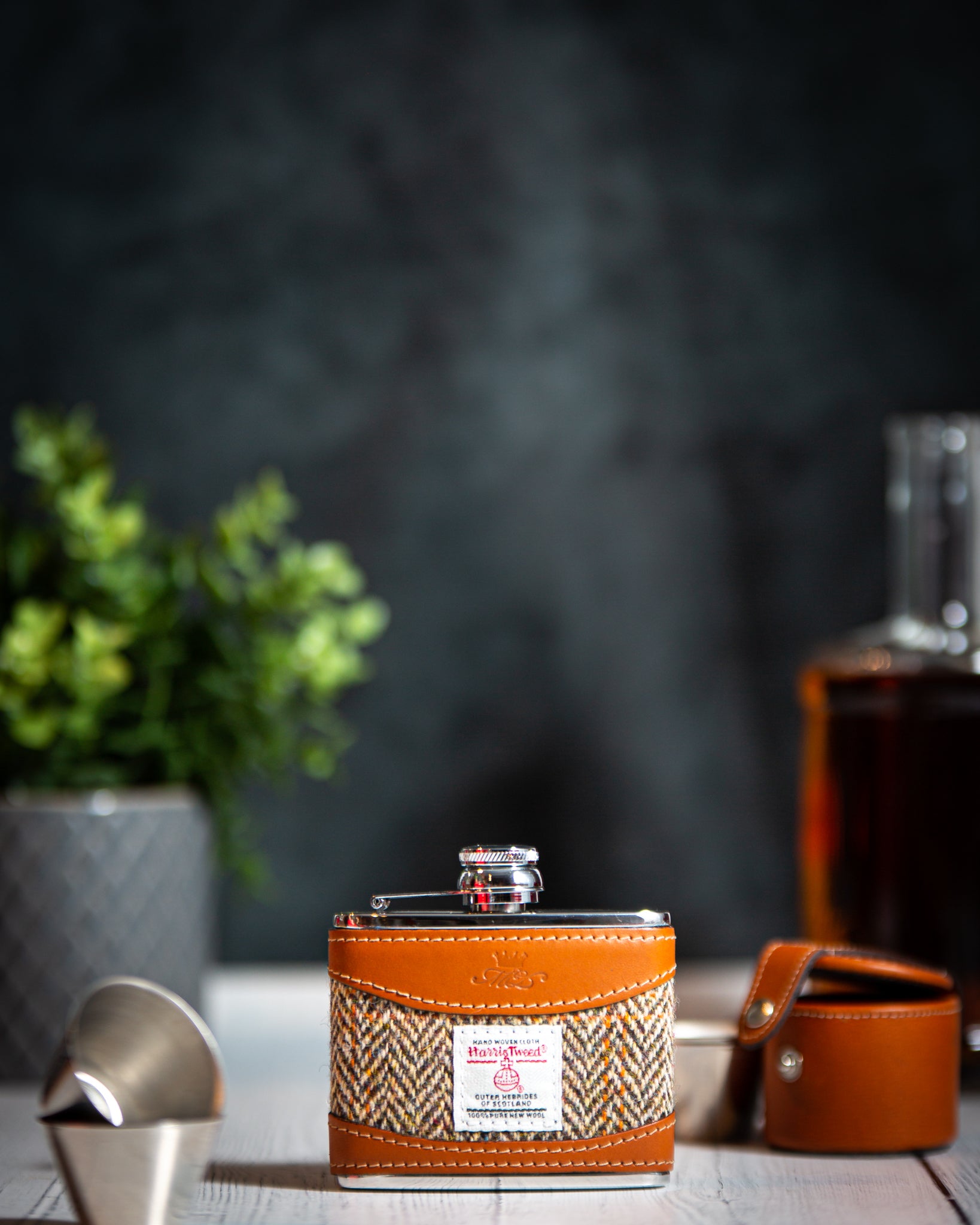 Marlborough of England Harris Tweed Hip Flask - Tan