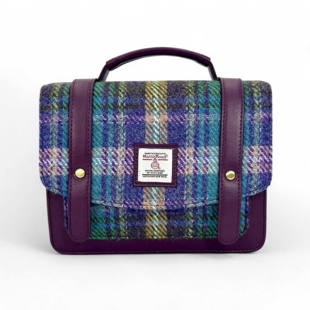 Maccessori Mini Messenger Satchel Bag with Harris Tweed New 2025! - Green Purple Plaid