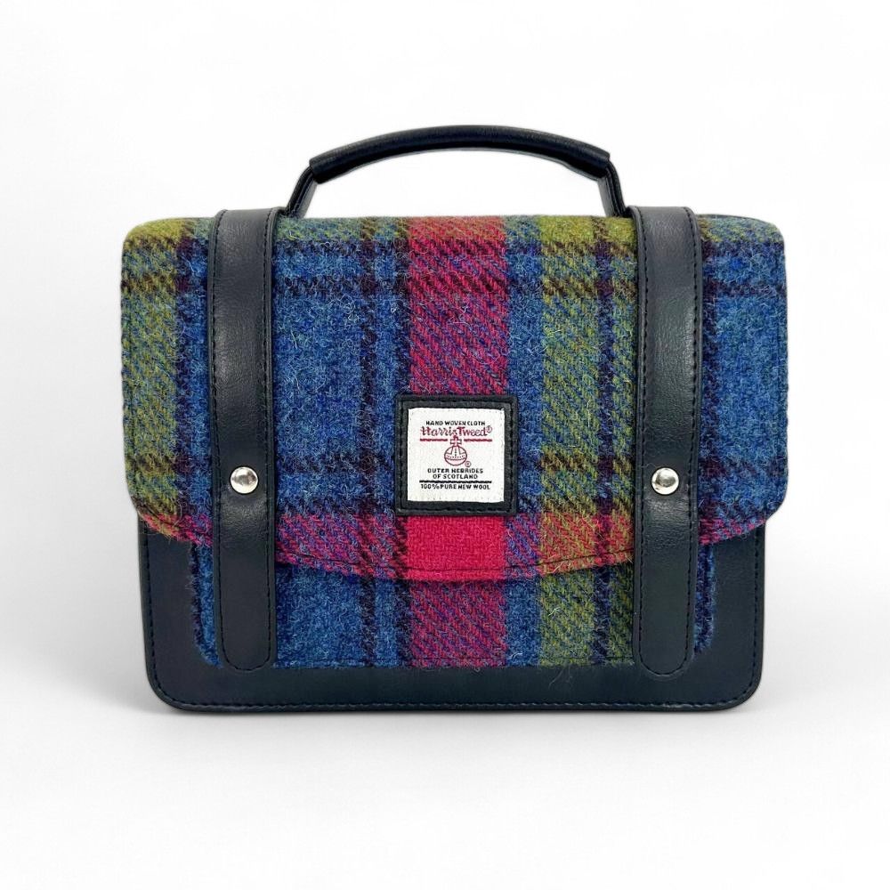 Maccessori Mini Messenger Satchel Bag with Harris Tweed Blue Green Pink & Black | Harris Tweed Scotland