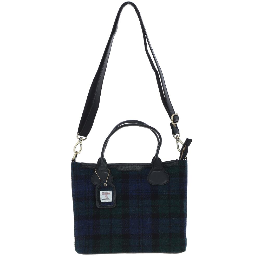 Turnberry Black Leather Shoulder Bag with Harris Tweed Black & Navy Blue Watch Fabric | Harris Tweed Scotland