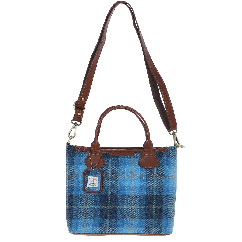 Turnberry Tan Leather Shoulder Bag with Harris Tweed Navy Blue Check Fabric | Harris Tweed Scotland
