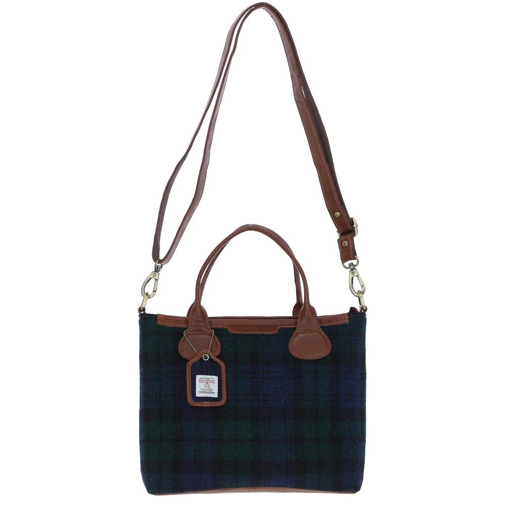 Turnberry Tan Leather Shoulder Bag with Harris Tweed Black & Navy Blue Fabric | Harris Tweed Scotland