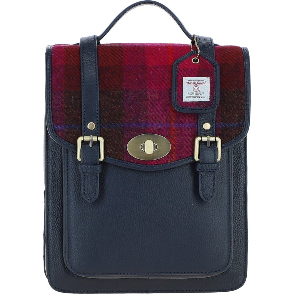 Cameron Leather Backpack with Harris Tweed (Navy with Fuchsia)