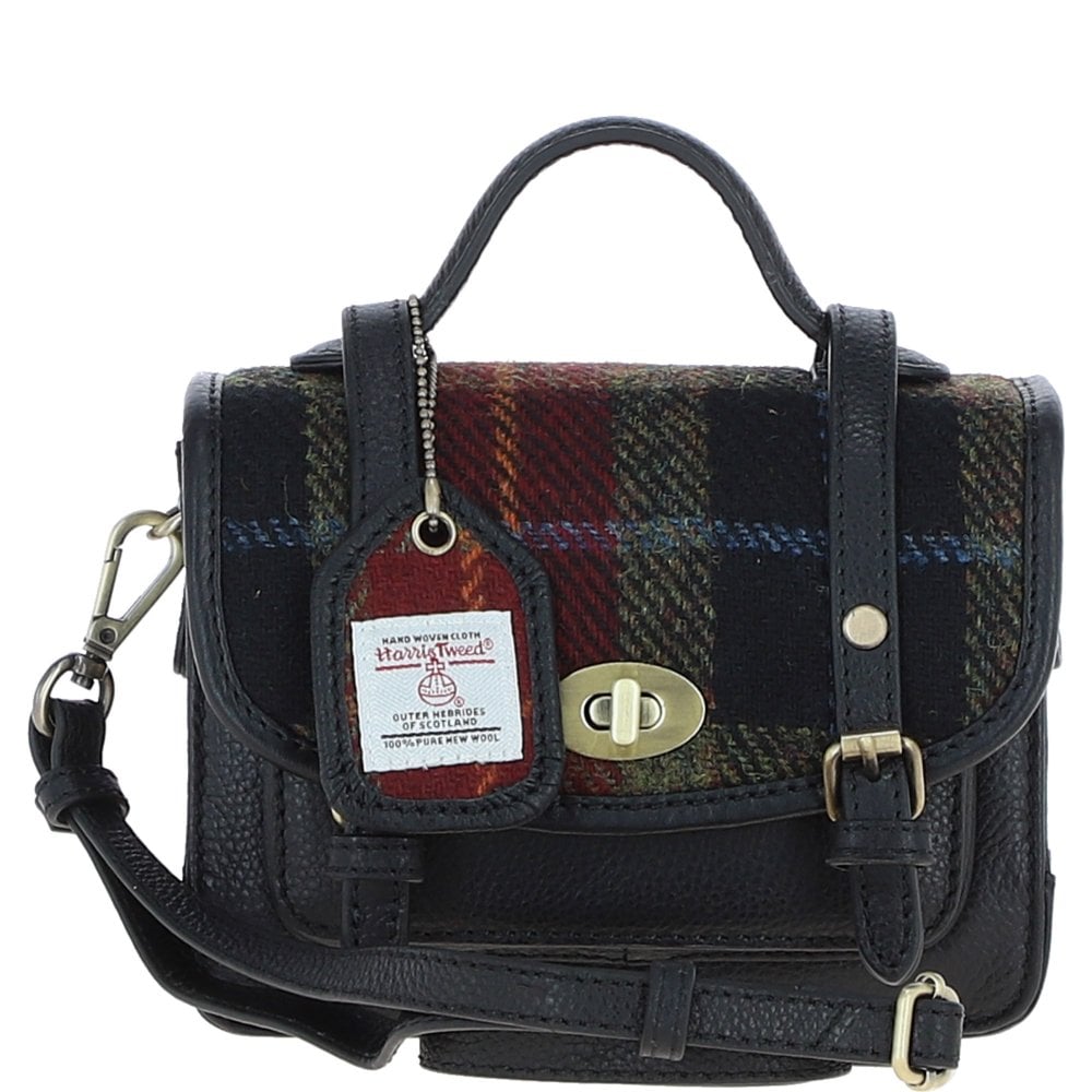 Real Leather Mini Satchel Bag with Brass Twist Lock with Harris Tweed (Autumn Check)