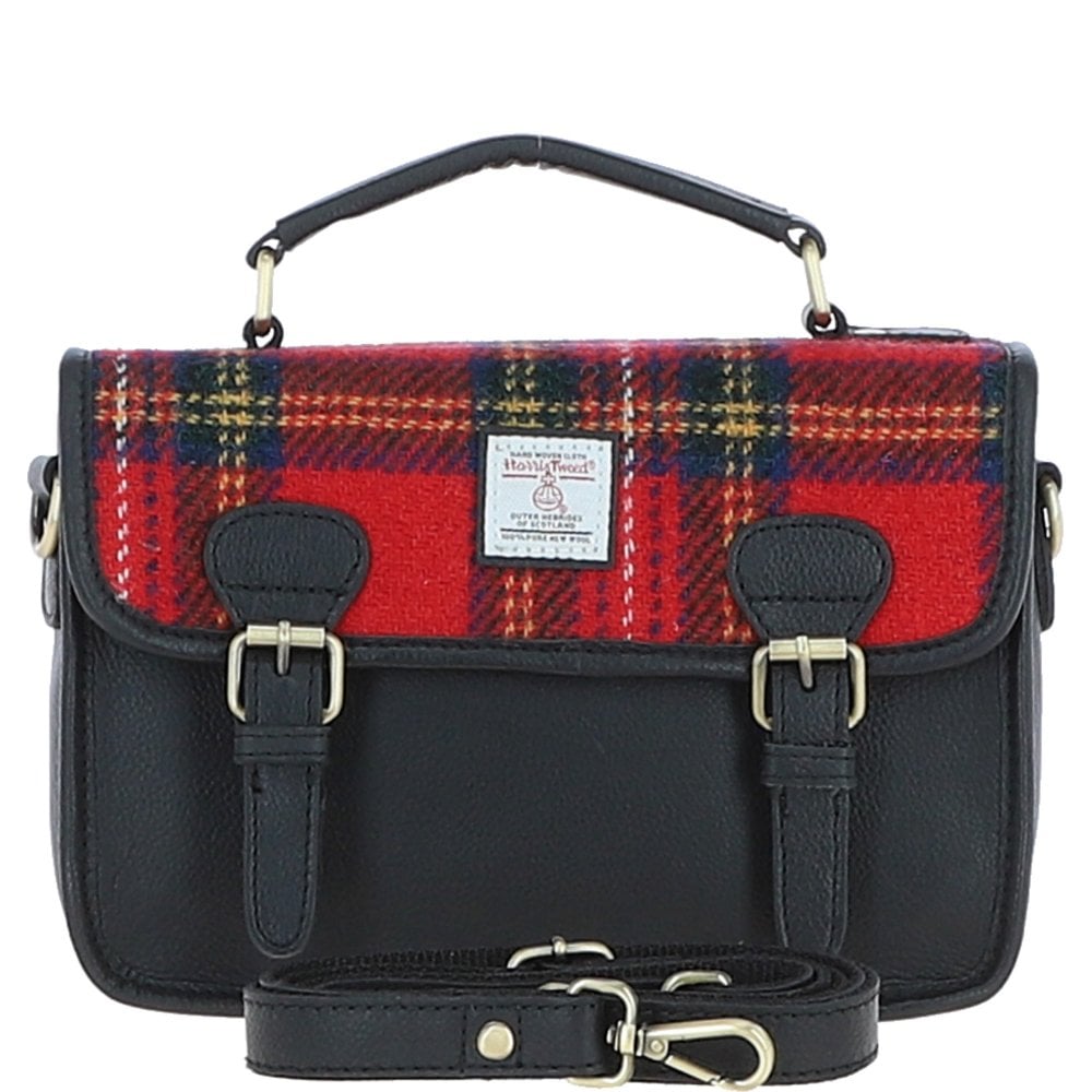 Luss Leather Satchel Bag with Harris Tweed Fabric (Royal Stewart)