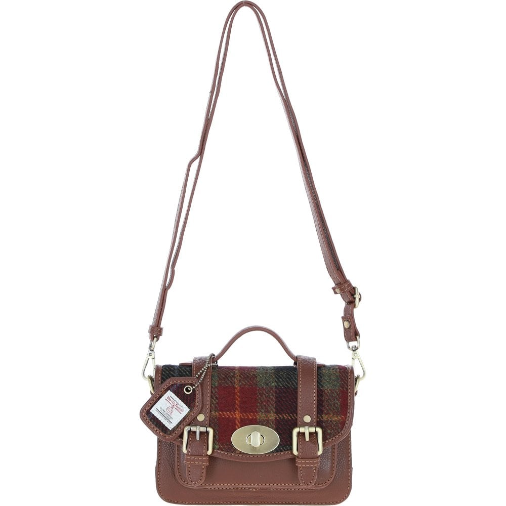Real Leather Dundonald Small Satchel with Harris Tweed Tan Leather with Autumn Check