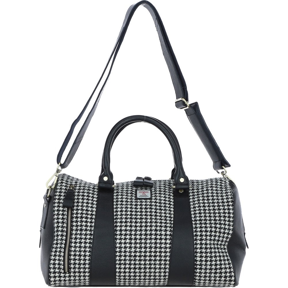 Real Black Leather Irvine Small Holdall Bag Harris Tweed Black & White Houndstooth Fabric | Harris Tweed Scotland