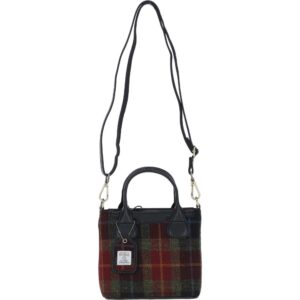 Real Leather with Harris Tweed Troon Mini Handbag with Removable Crossbody Strap - Black Leather & Green Red