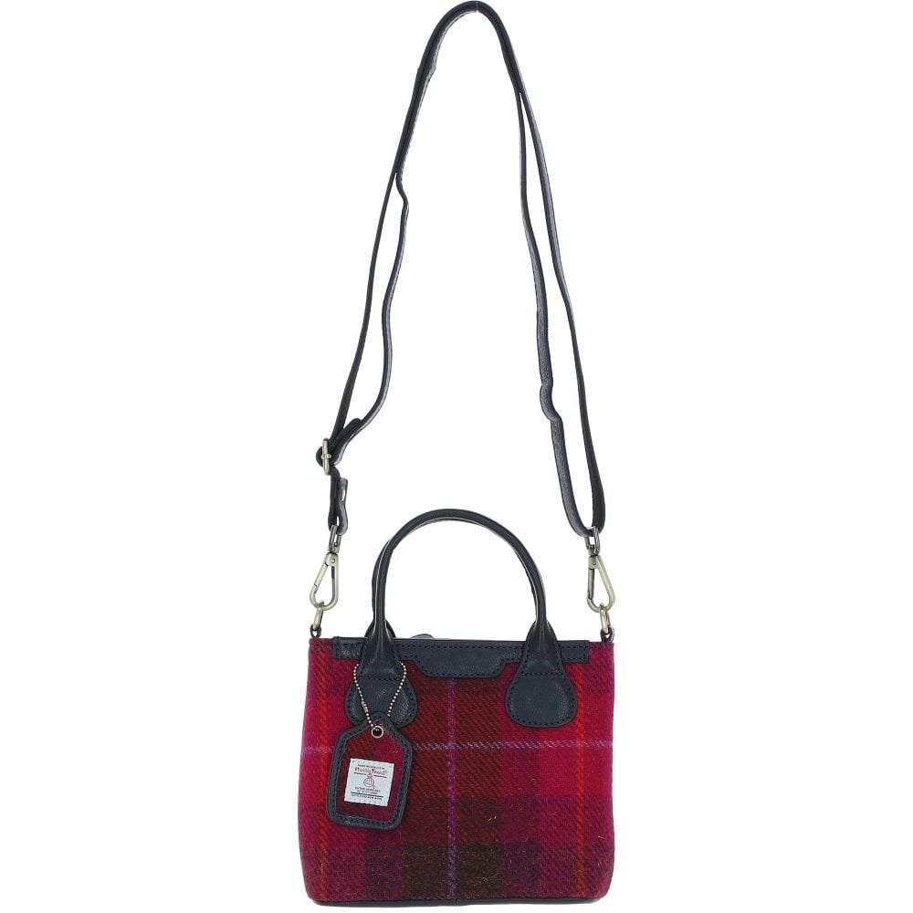 Real Leather with Harris Tweed Troon Mini Handbag with Removable Crossbody Strap - Navy Leather & Fuschia