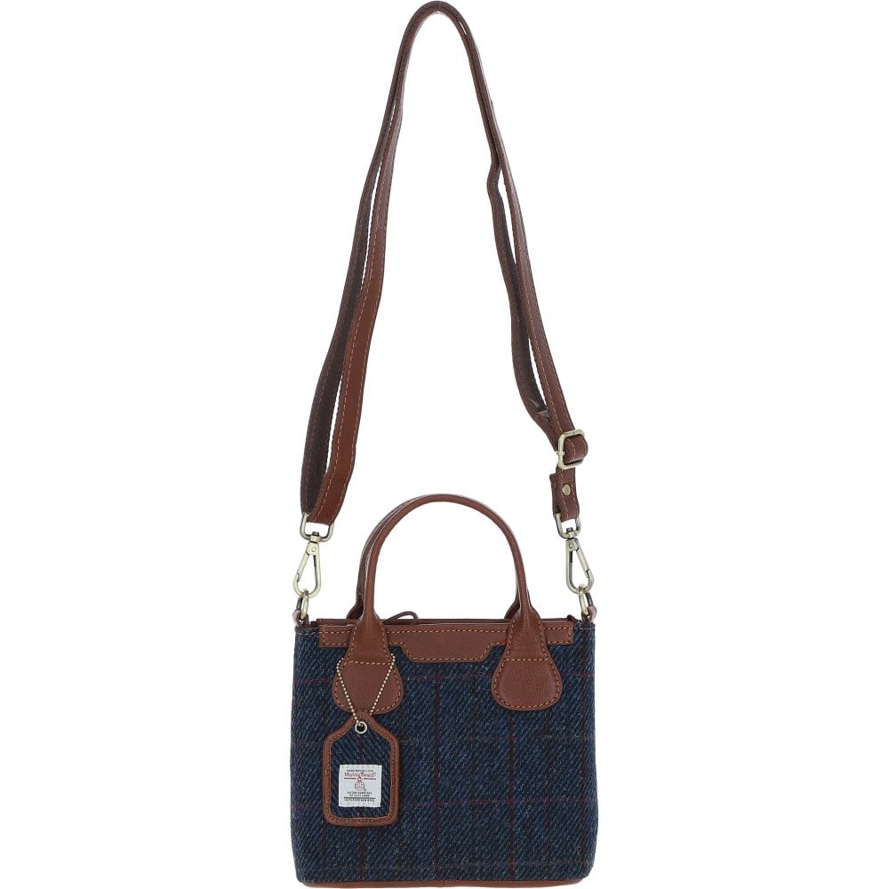 Real Leather with Harris Tweed Troon Mini Handbag with Removable Crossbody Strap - Tan Leather & Navy