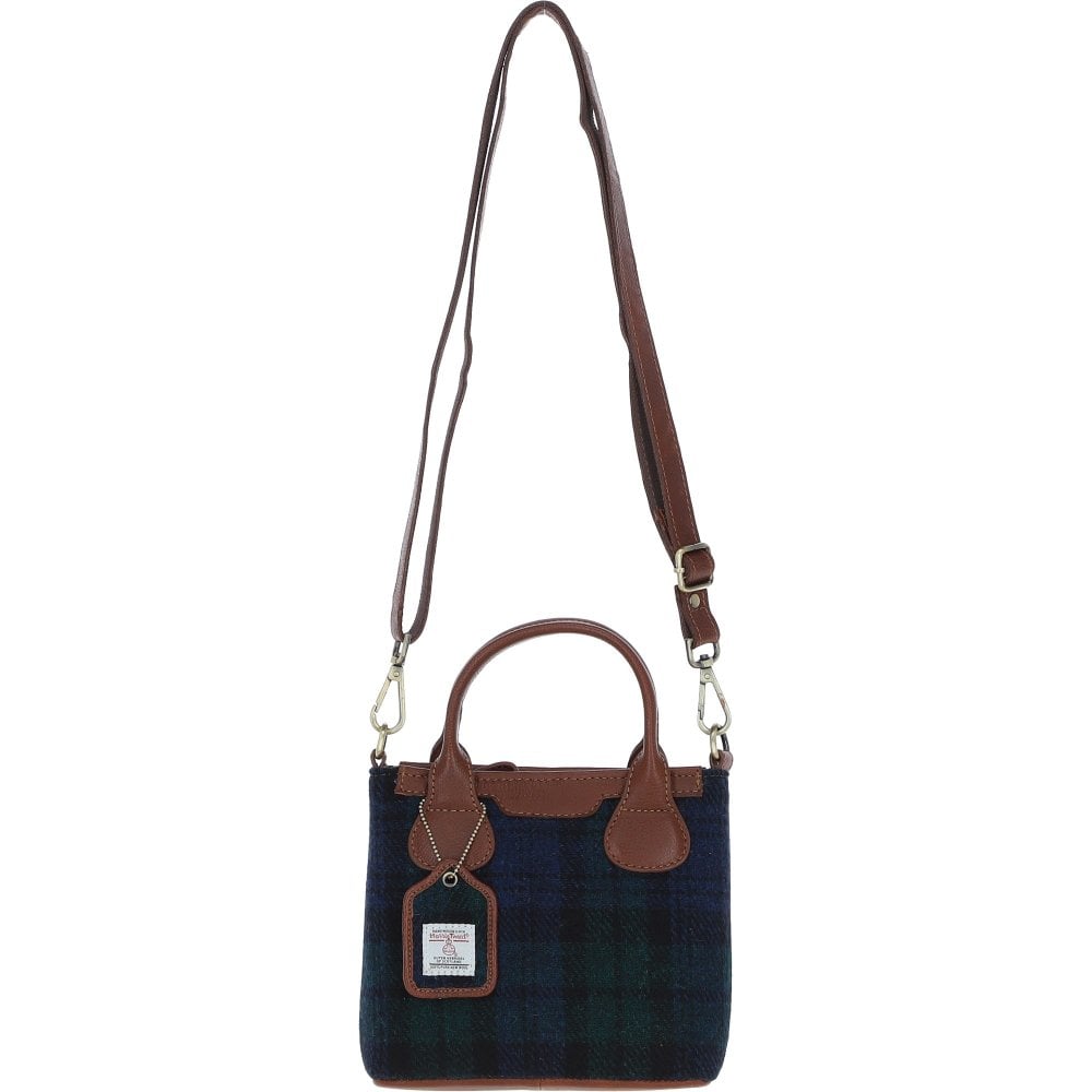 Real Leather with Harris Tweed Troon Mini Handbag with Removable Crossbody Strap - Tan Leather & Black Watch