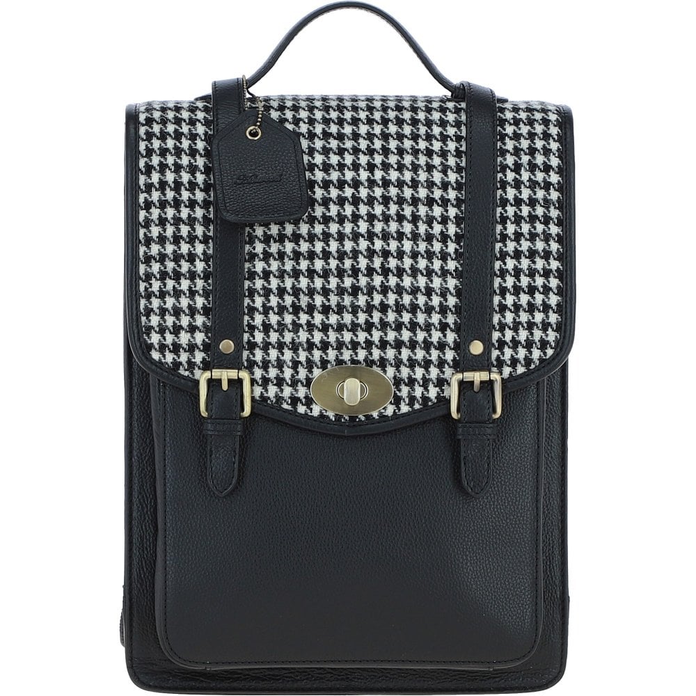 Real Leather Carrick Large Laptop Backpack with Black Leather & Black & White Dogtooth Harris Tweed