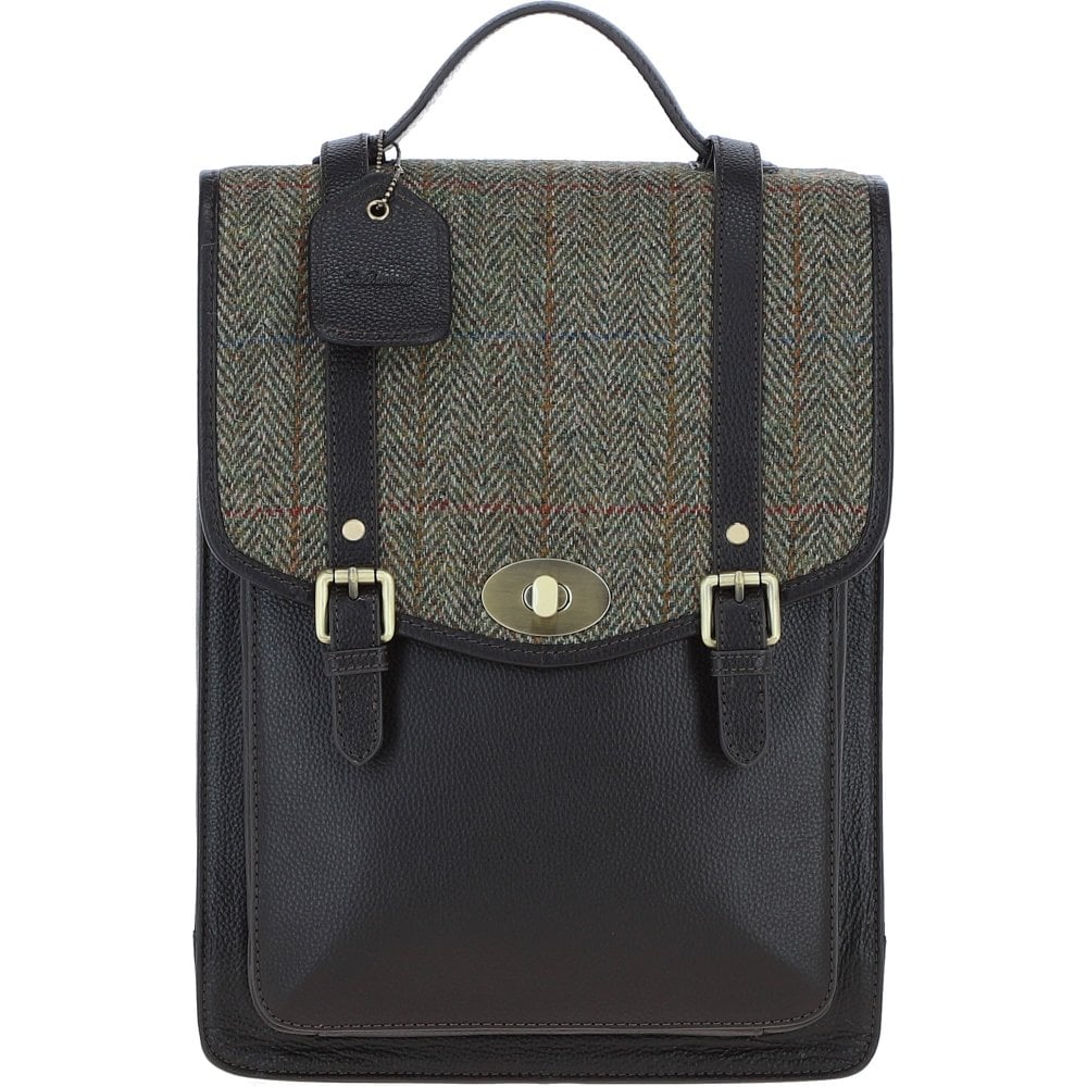 Real Leather Carrick Large Laptop Backpack with Brown Leather & Chestnut Herringbone Harris Tweed