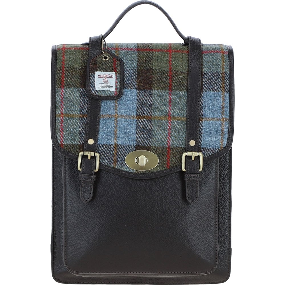 Real Leather Carrick Large Laptop Backpack with Brown Leather & MacLeod Tartan Harris Tweed