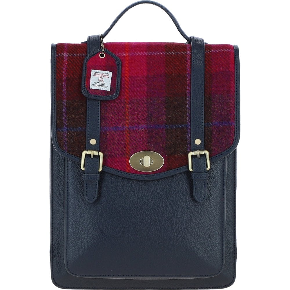 Carrick Large Navy Leather Laptop Backpack with Harris Tweed Purple & Burgundy Fabric | Harris Tweed Scotland