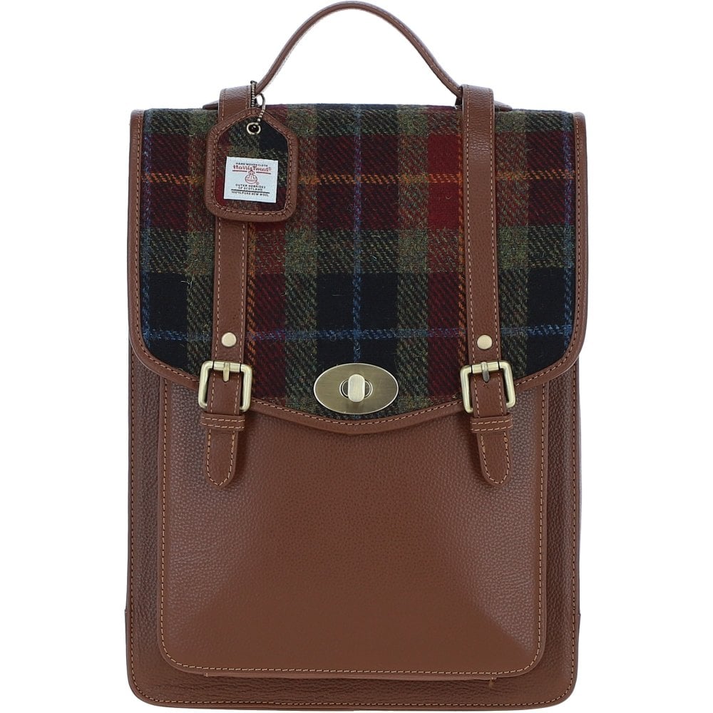 Real Leather Carrick Large Laptop Backpack with Tan Leather & Autumn Check Harris Tweed