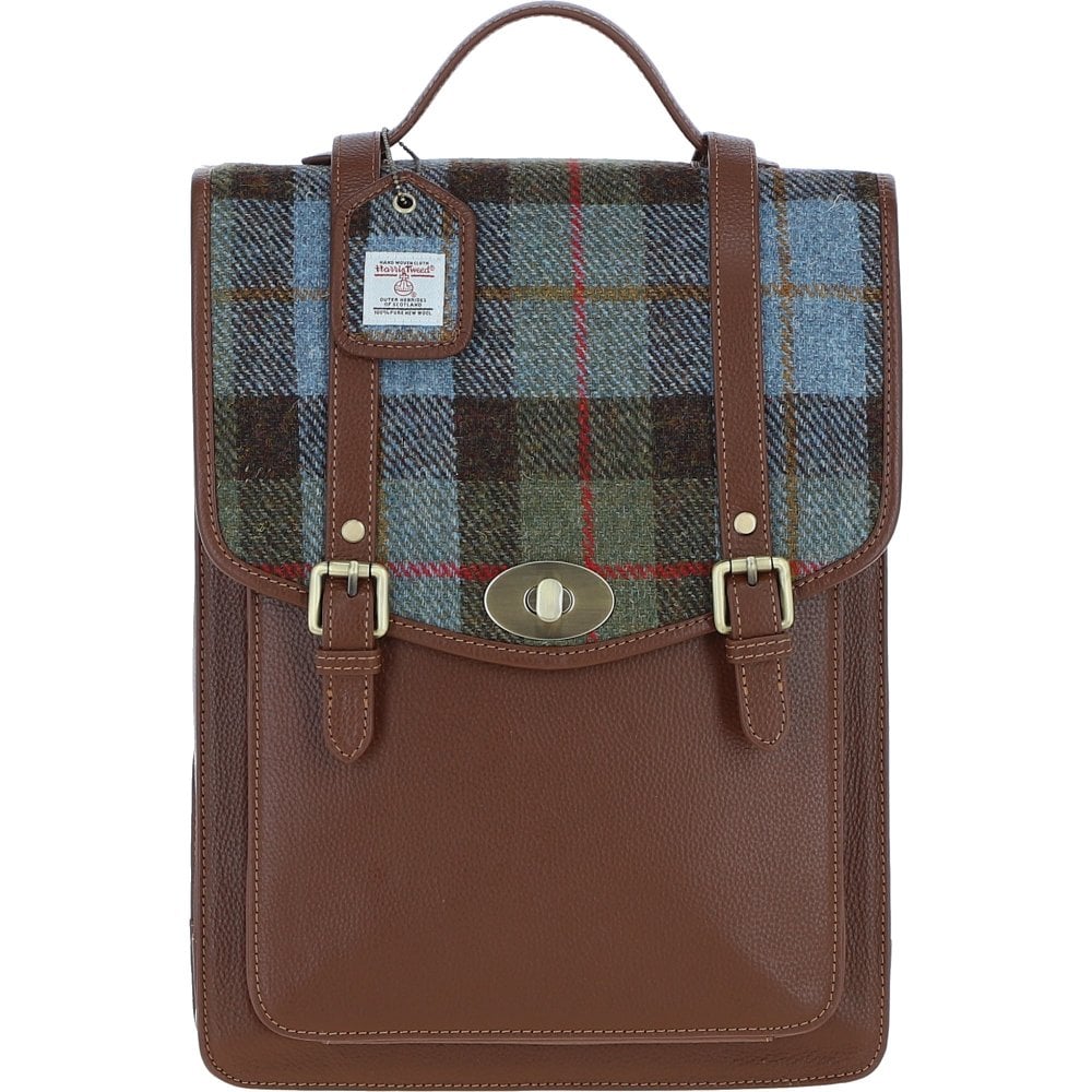 Carrick Large Tan Leather Laptop Backpack with Harris Tweed Blue, Green & Brown Fabric | Harris Tweed Scotland