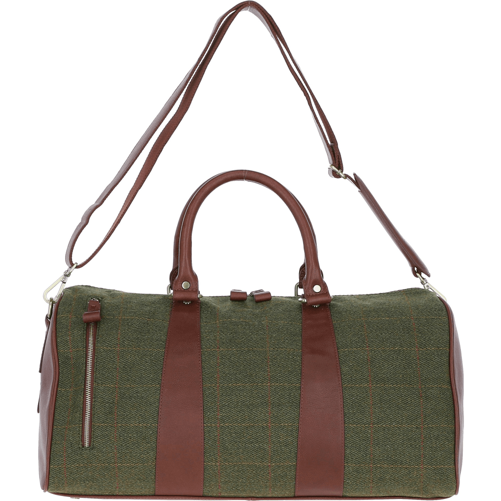 Inverness Large Brown Leather Holdall Bag Harris Tweed Green Check Fabric | Harris Tweed Scotland