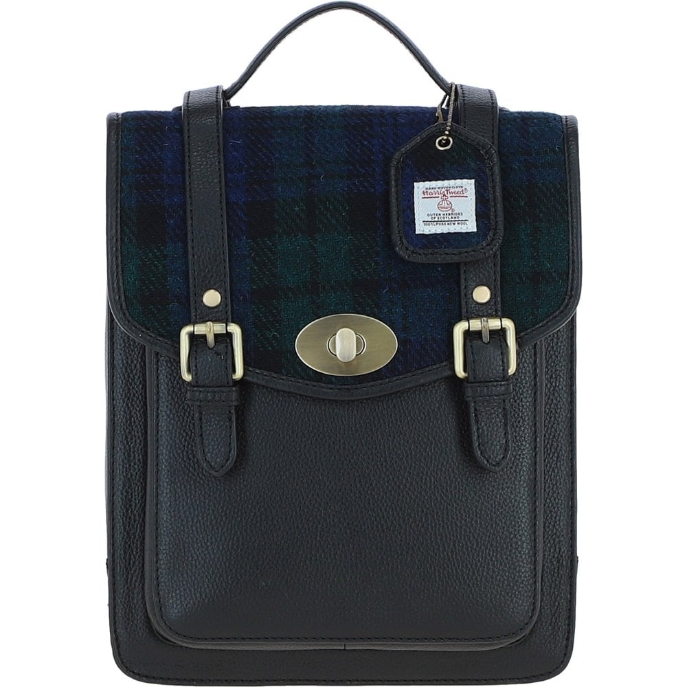 Cameron Black Leather Backpack with Black Watch Harris Tweed Fabric | Harris Tweed Scotland