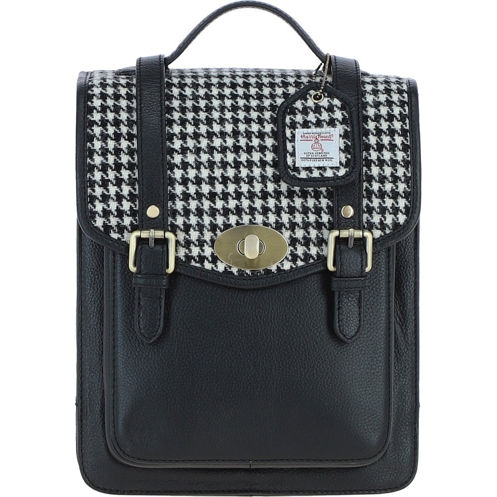 Real Leather Cameron Medium Backpack with Black Leather & Black & White Dogtooth Harris Tweed
