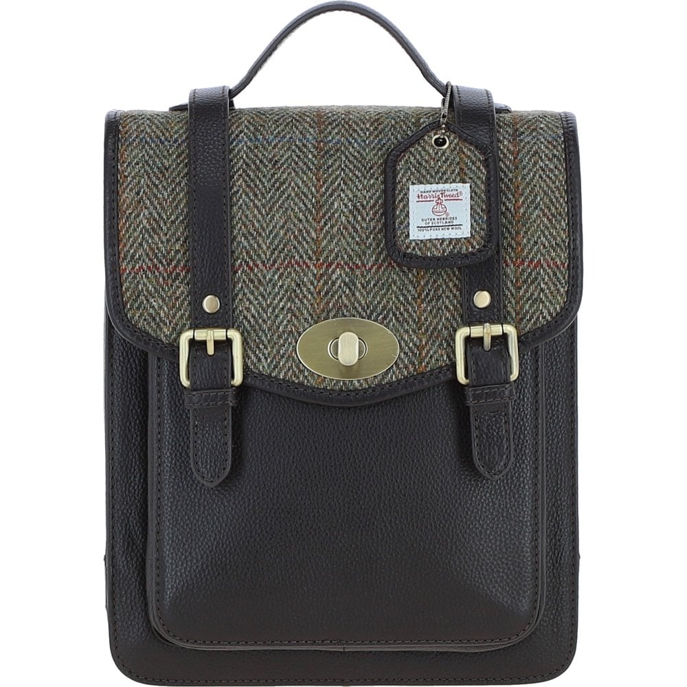 Cameron Brown Leather Backpack with Harris Tweed Grey & Brown Herringbone Fabric | Harris Tweed Scotland