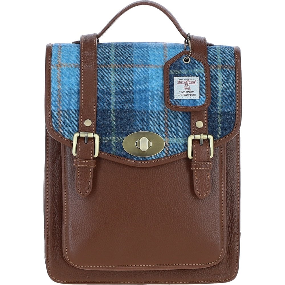 Cameron Tan Leather Backpack with Harris Tweed Blue, Brown & Green Fabric | Harris Tweed Scotland