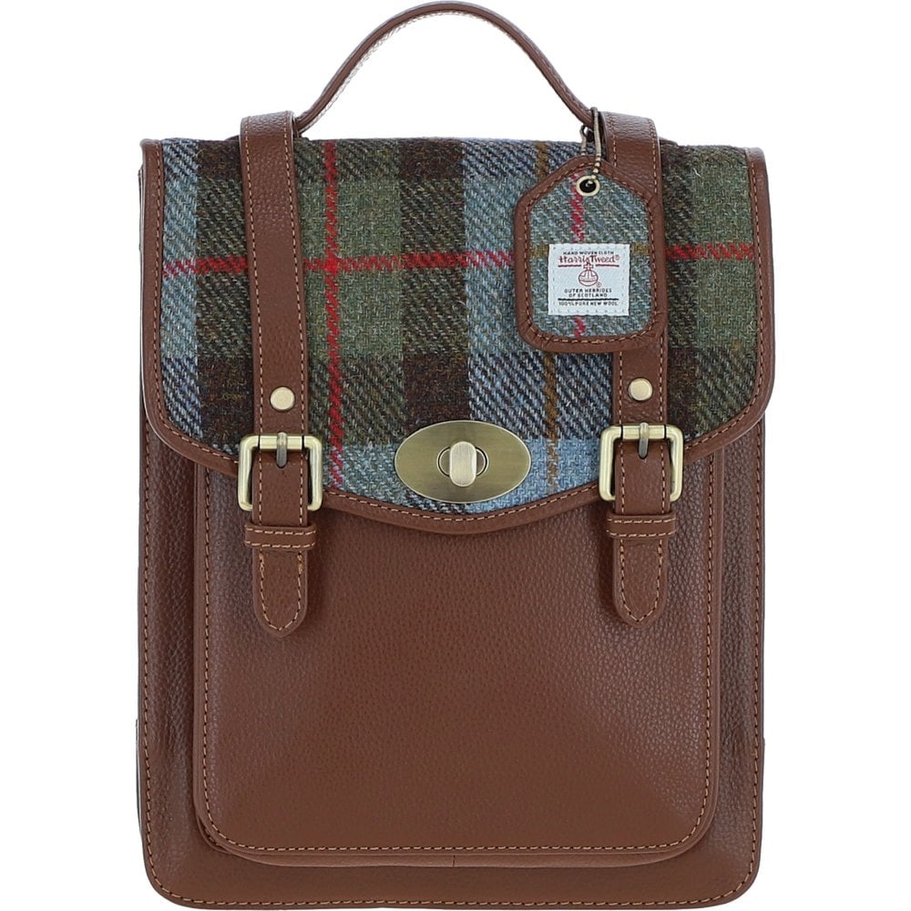 Real Leather Cameron Medium Backpack with Tan Leather & MacLeod Tartan Harris Tweed