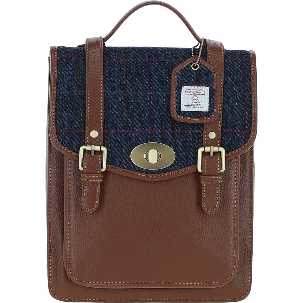 Real Leather Cameron Medium Backpack with Tan Leather & Navy Over-Check Harris Tweed