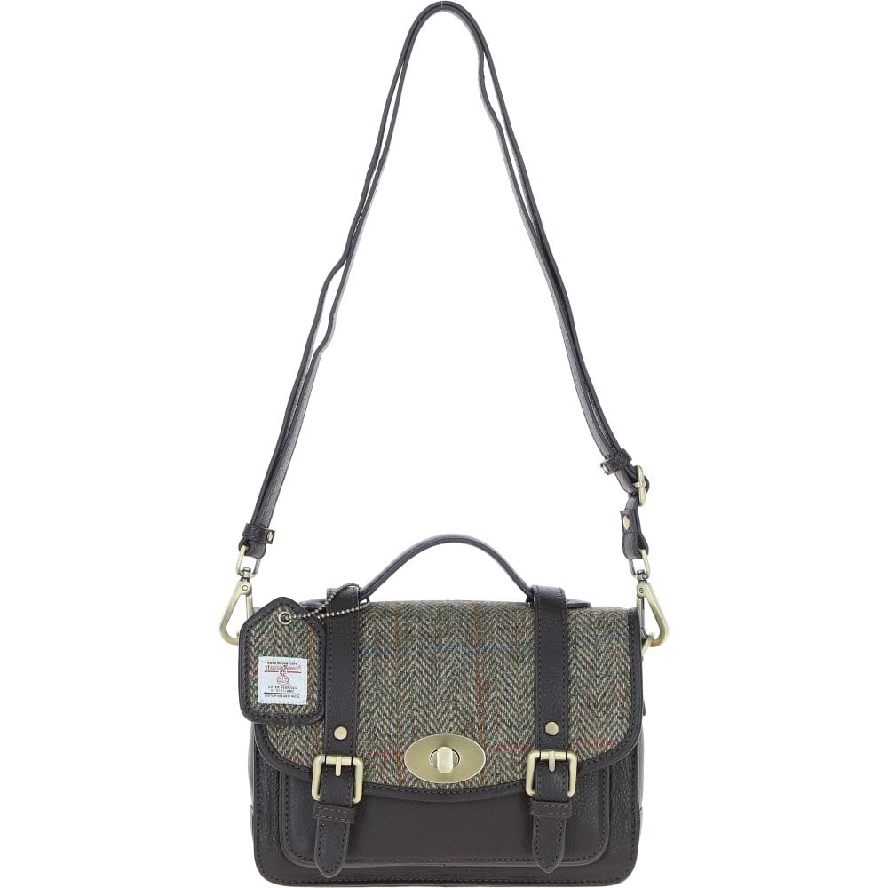 Real Leather Millport Medium Satchel Bag with Brass Twist Lock with Harris Tweed - Brown Leather & Green | Harris Tweed Scotland