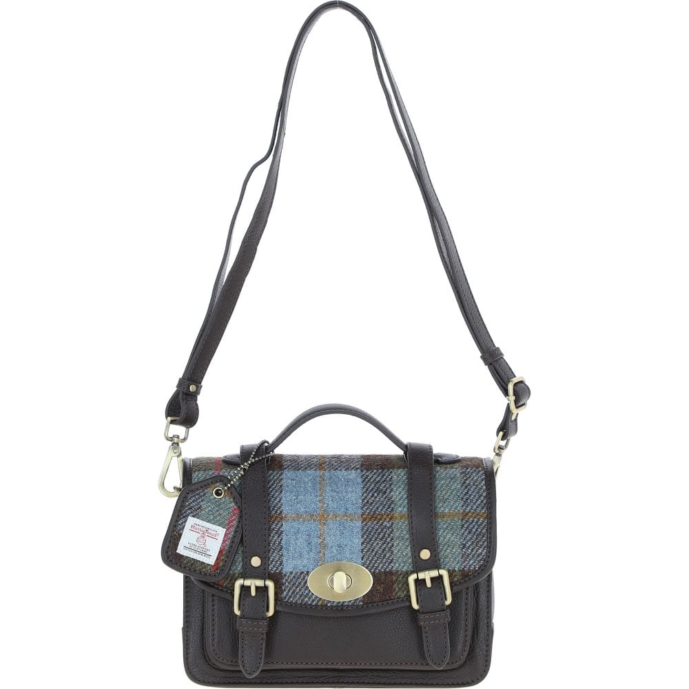 Real Leather Millport Satchel Bag with Brass Twist Lock with Harris Tweed - Brown Leather & MacLeod