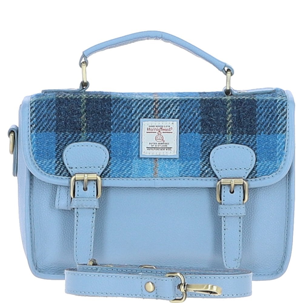 Luss Blue Leather Satchel Bag with Light Blue Tartan Harris Tweed Fabric | Harris Tweed Scotland