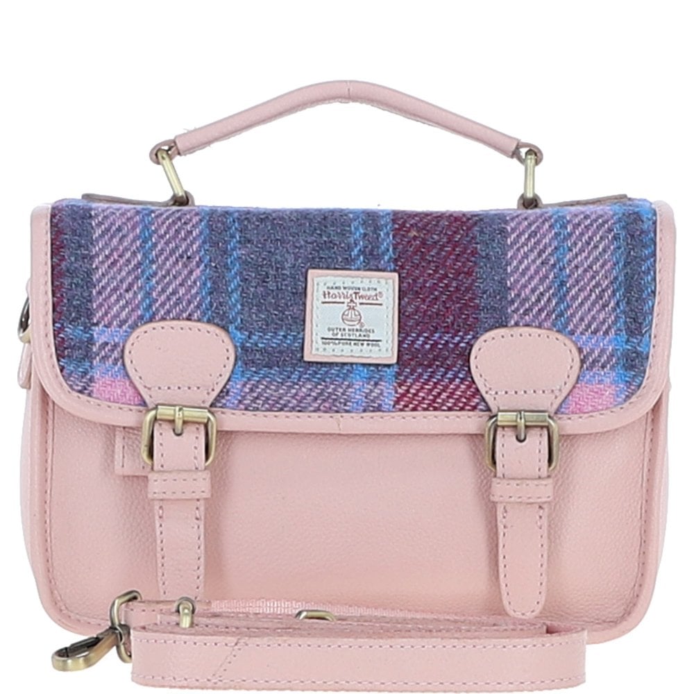 Real Leather Luss Satchel Bag with Pink Leather and Pink & Blue Tartan Harris Tweed