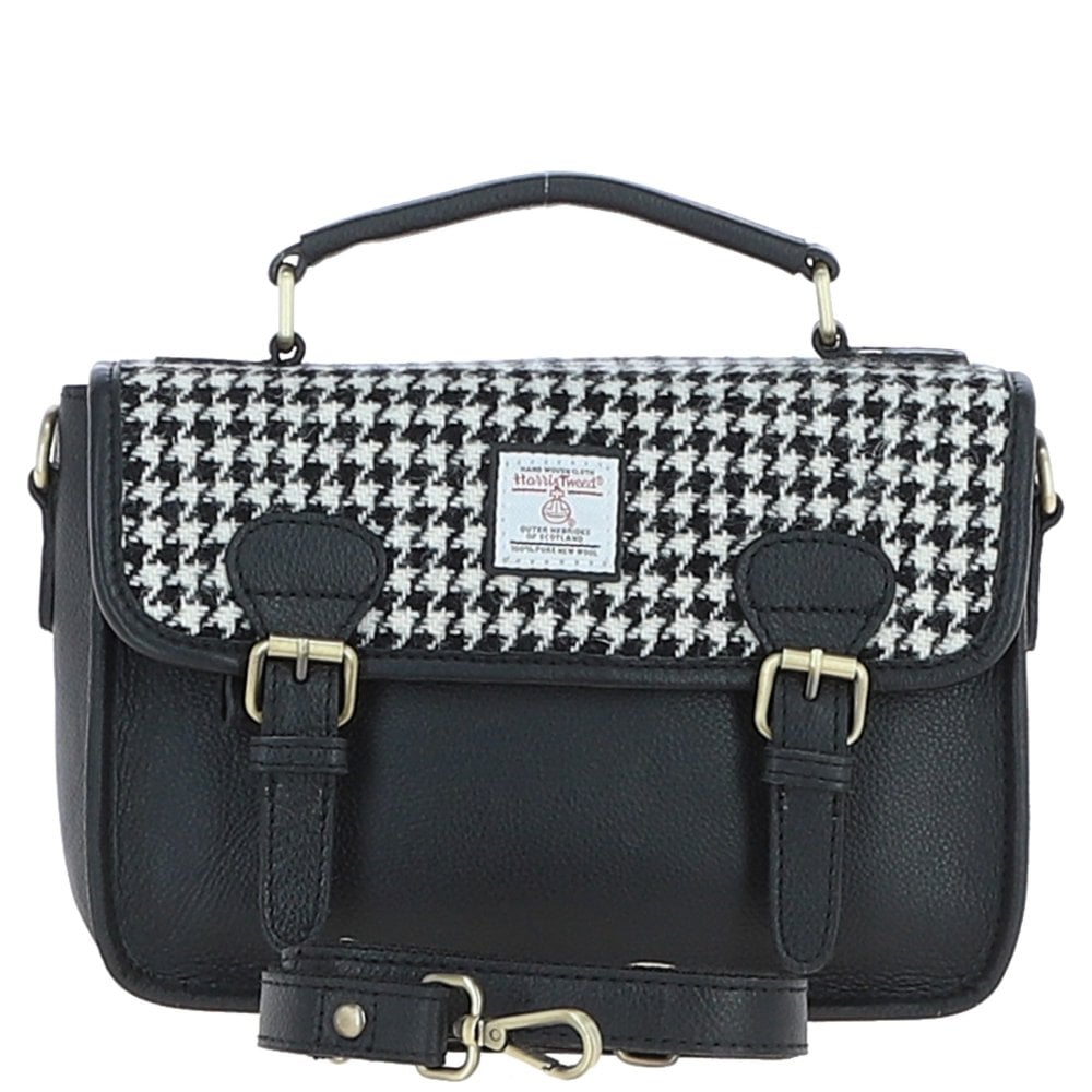 Luss Black Leather Satchel Bag with Black & White Dogtooth Harris Tweed Fabric | Harris Tweed Scotland