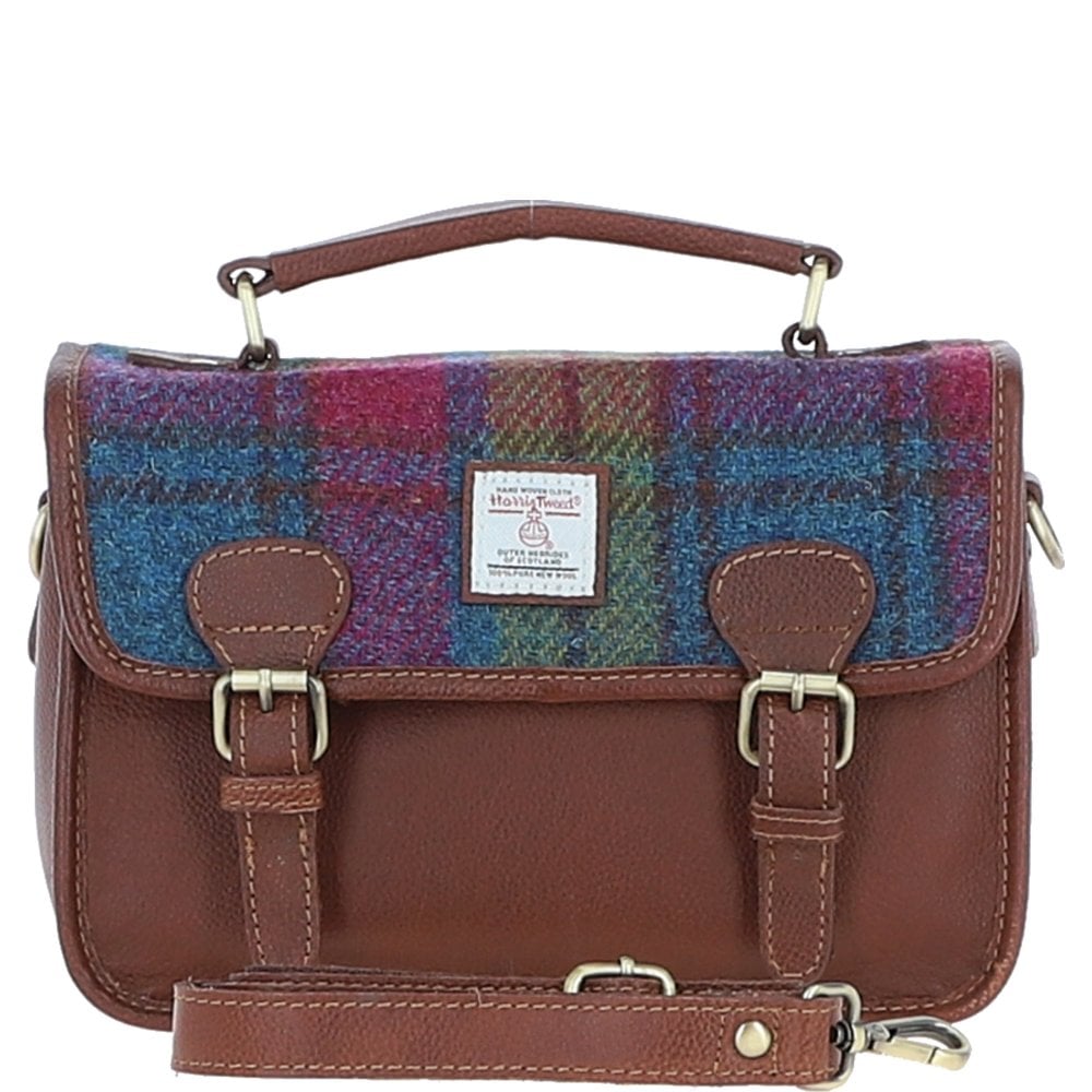 Real Leather Luss Satchel Bag with Tan Leather & Blue and Pink Harris Tweed