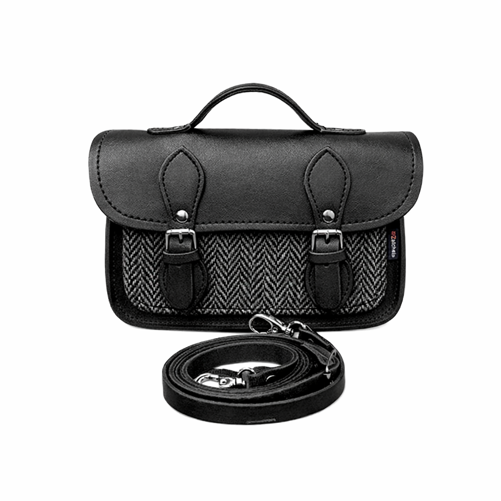 Handmade Leather & Harris Tweed Micro Satchel Plus Crossbody Bag (Black)