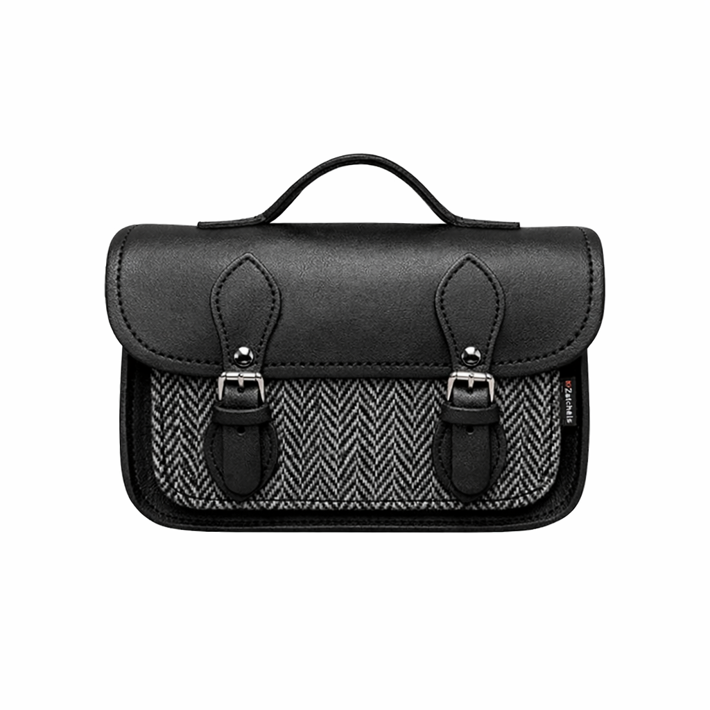 Handmade Leather & Harris Tweed Micro Satchel Plus Crossbody Bag (Black)