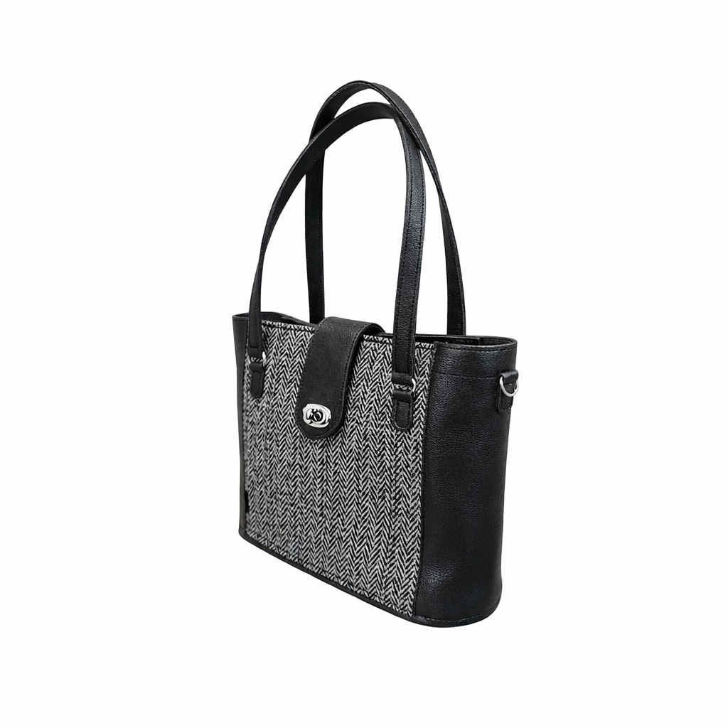 Tannery Tweed & Leather Mini Twist Lock Shopper Bag (Black)