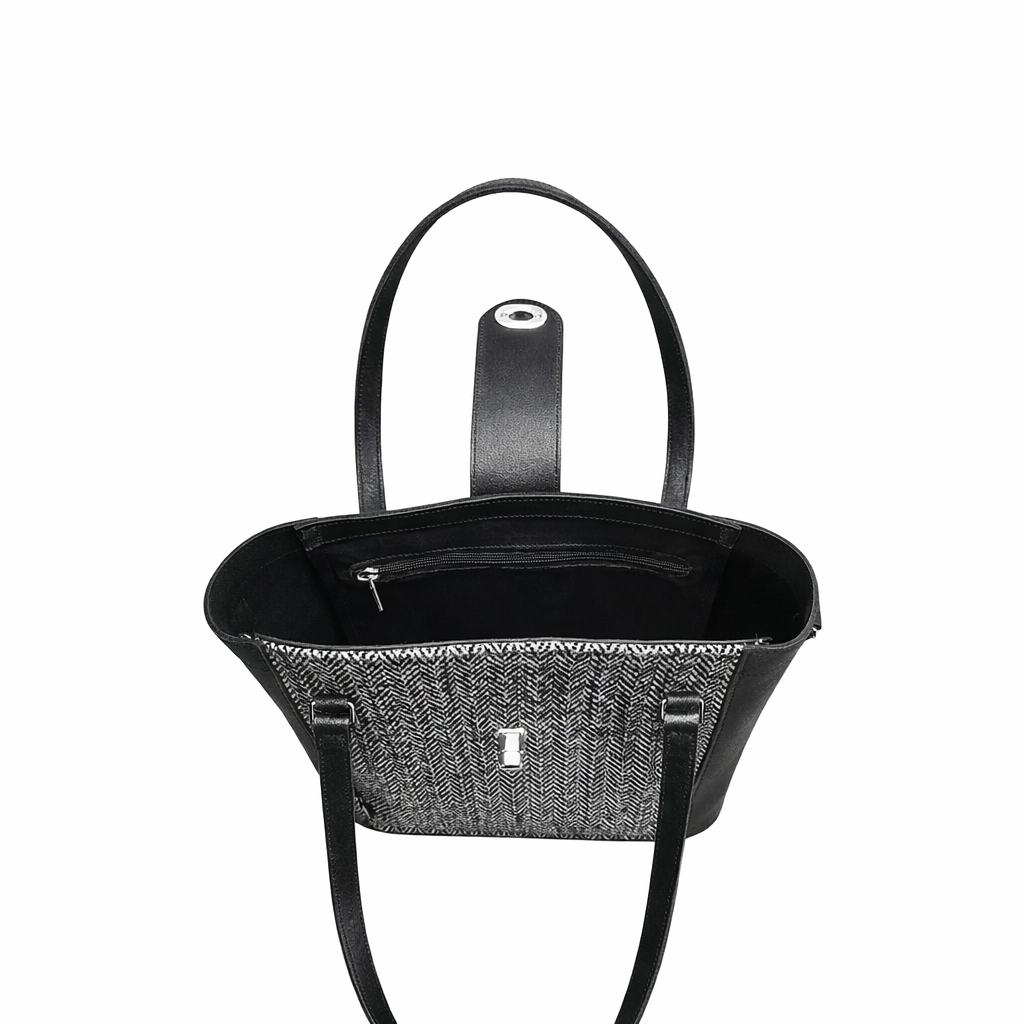 Tannery Tweed & Leather Mini Twist Lock Shopper Bag (Black)