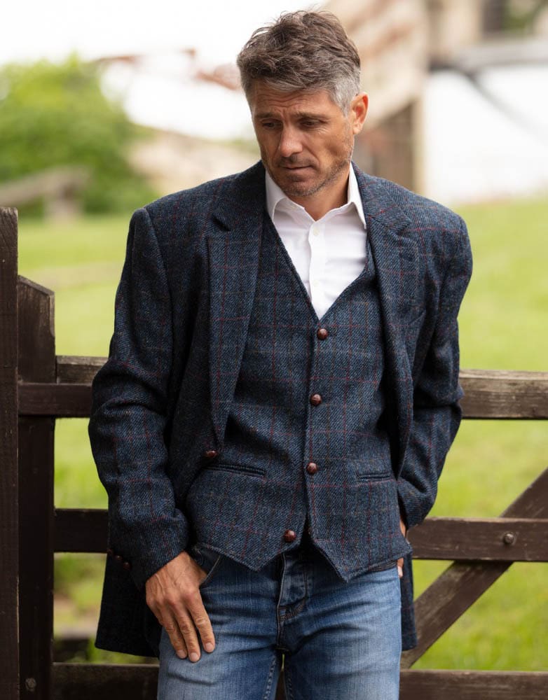 Men's Blazer Jacket in Royal Blue Harris Tweed Herringbone Country Fabric