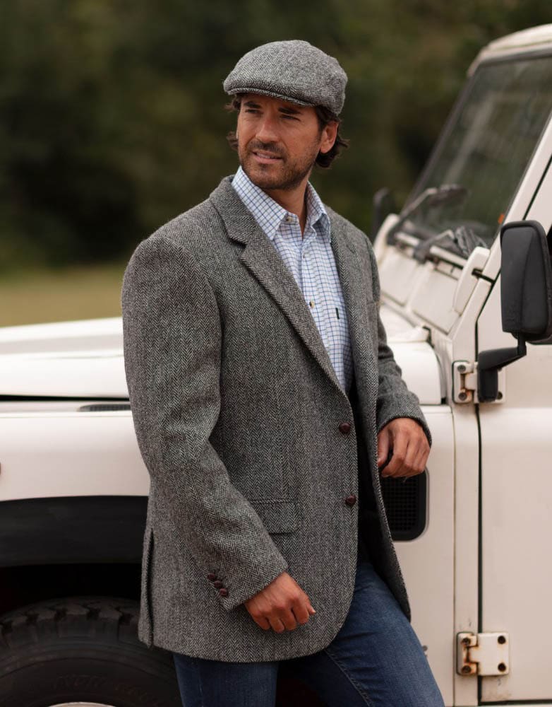 Men's Blazer Jacket in Steel Grey Harris Tweed Herringbone Country Fabric