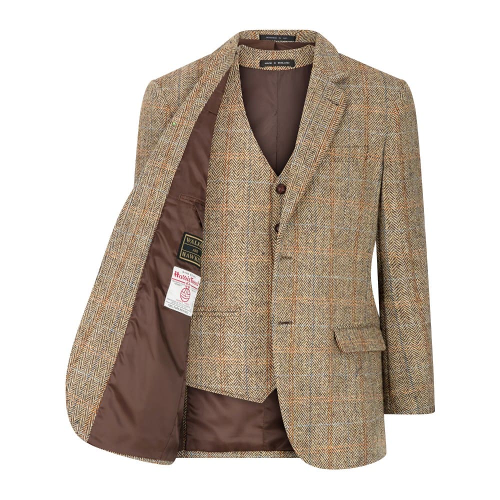 Men's White Sand Harris Tweed Herringbone Overcheck Country Blazer Jacket