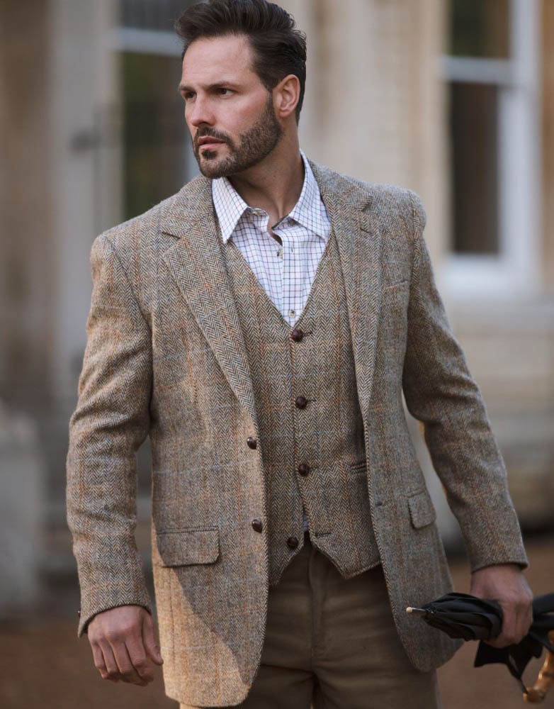 Men's White Sand Harris Tweed Herringbone Overcheck Country Blazer Jacket