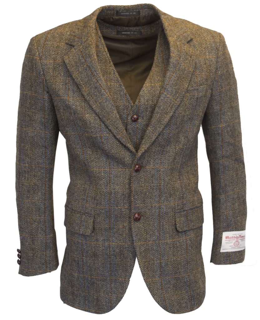 Men's Clinton Brown Blazer Jacket in Harris Tweed Herringbone Overcheck Country