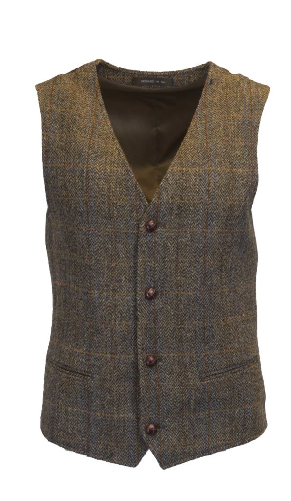 Men's Clinton Brown Waistcoat in Harris Tweed Herringbone Overcheck Country Fabric
