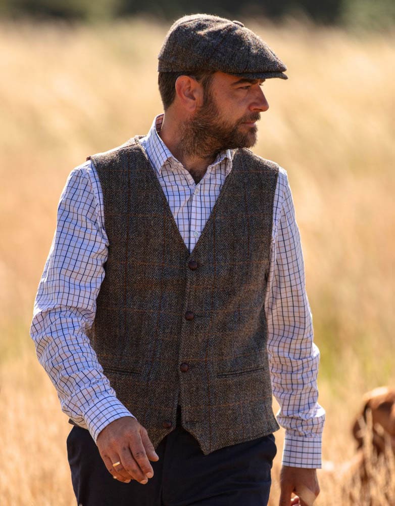 Men's Clinton Brown Waistcoat in Harris Tweed Herringbone Overcheck Country Fabric