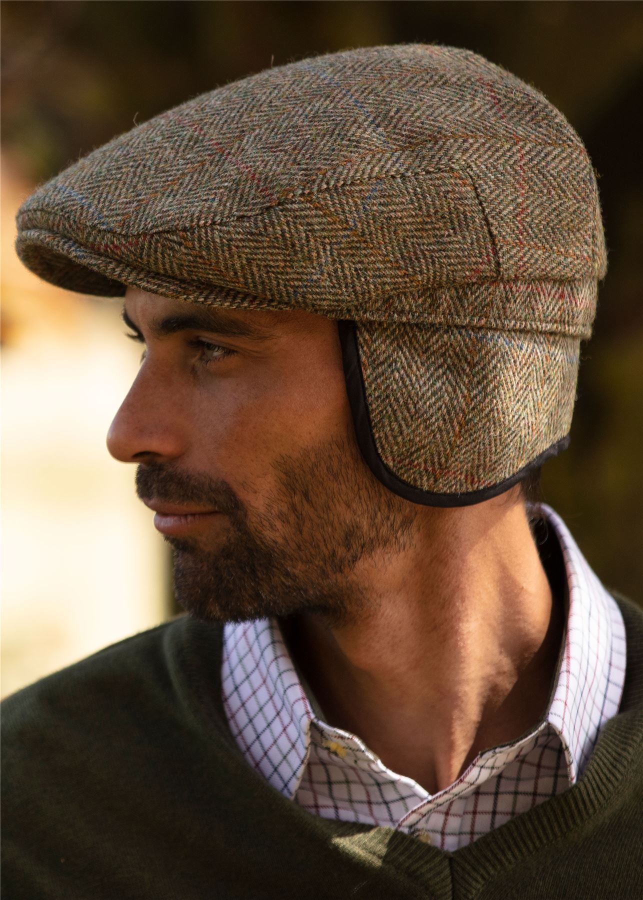 Harris Tweed Trapper Flat Cap With Ear Flaps - White Sand